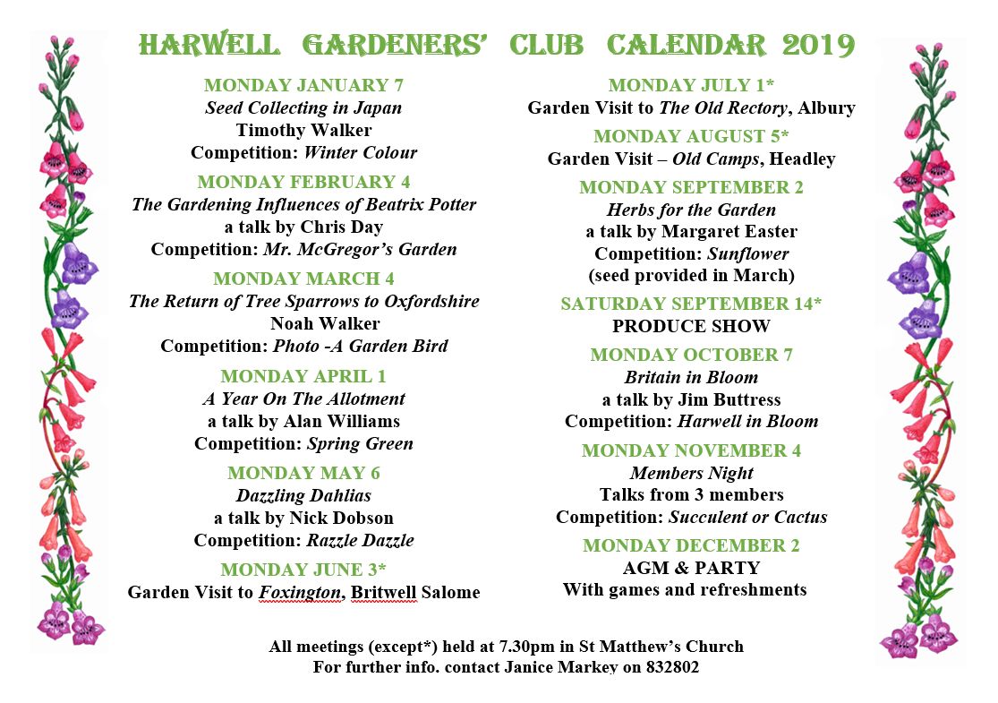 Harwell Gardeners Club 2019 Calendar