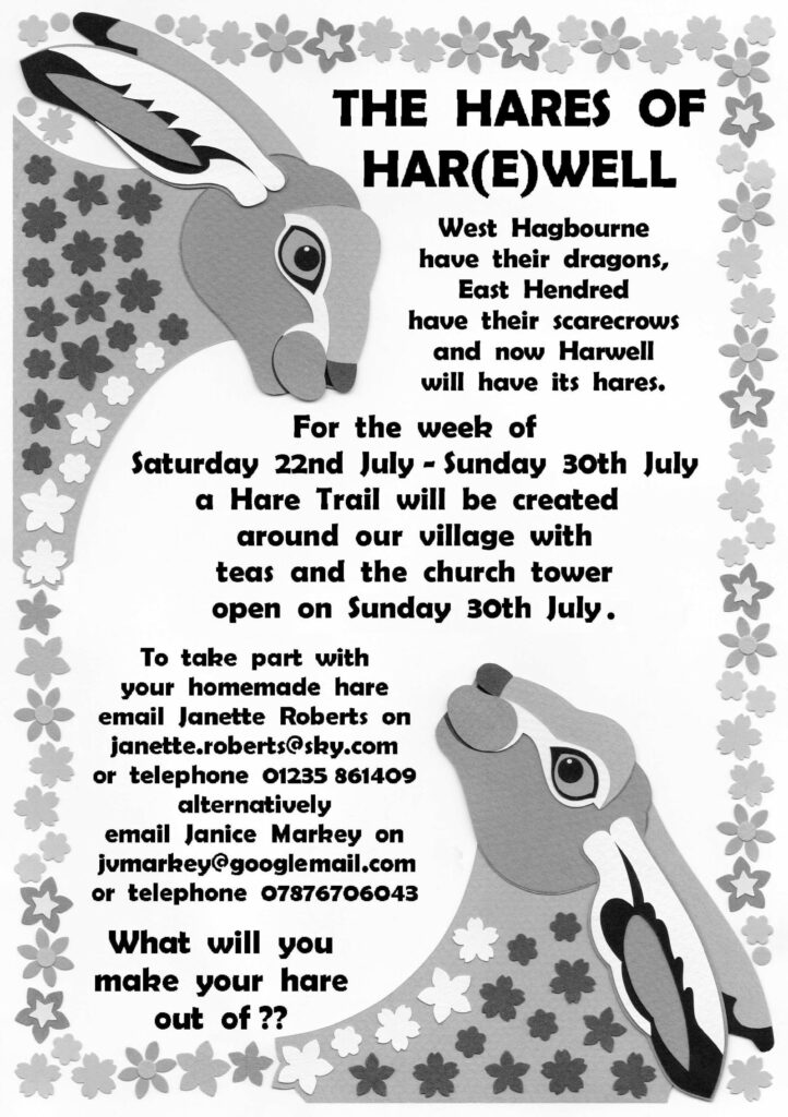 Poster advertising The Hares of Harwell. A village event July 22-29. Make your own homemade hare. Contact details provided.