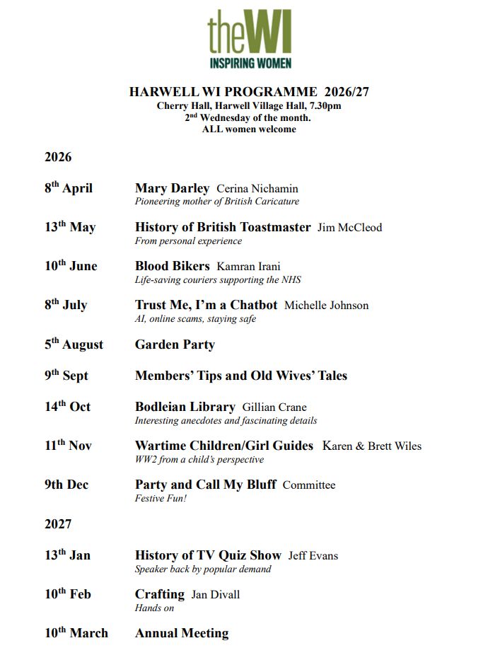 Harwell WI 2026-27 programme